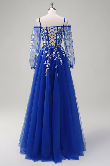 Royal Blue A-linje kall axel paljett applikation lång balklänning med tyll slits